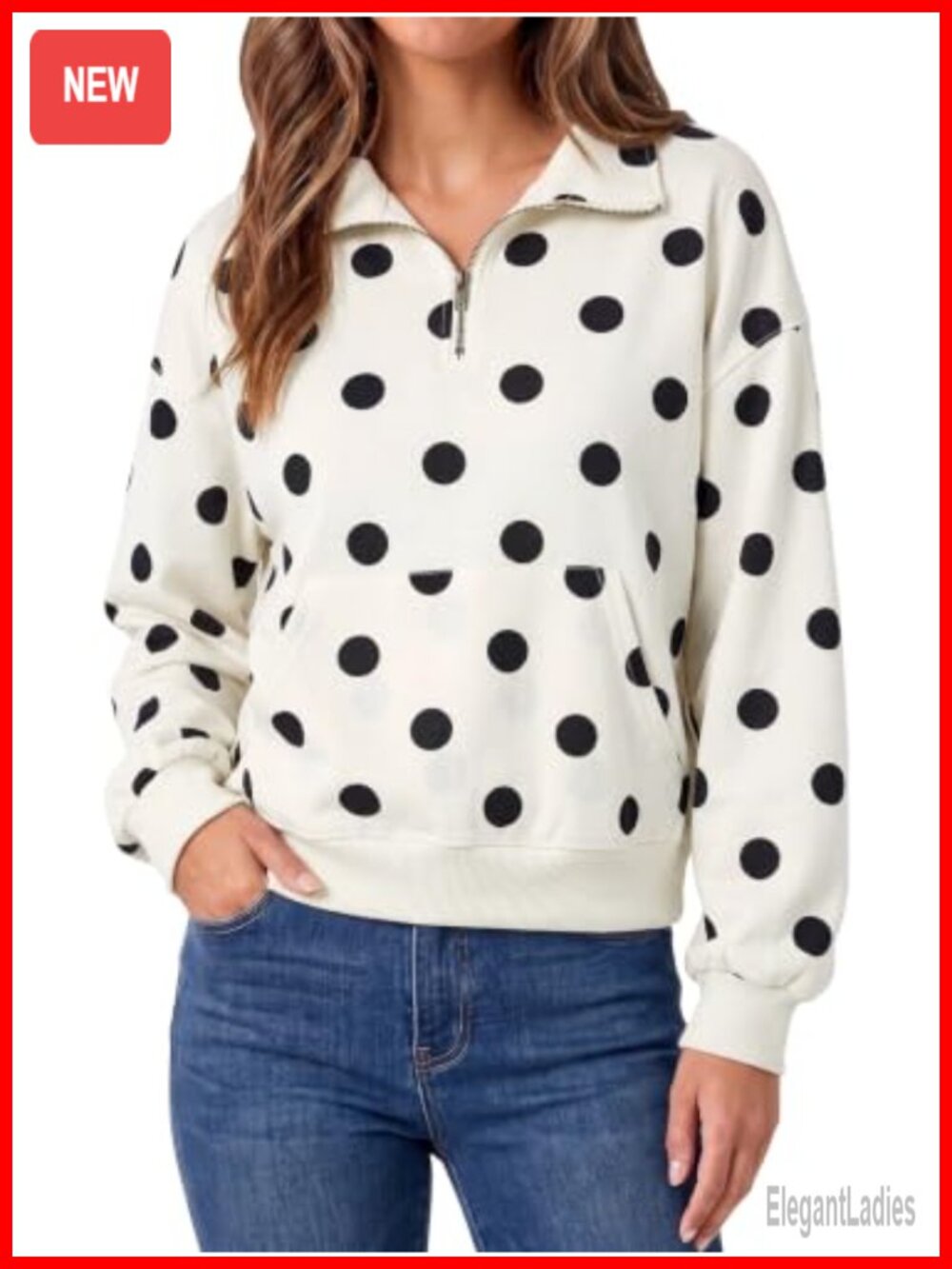 Polka Dot Half Zip Pullover Long Sleeve Sweatshirt Kangaroo Pocket